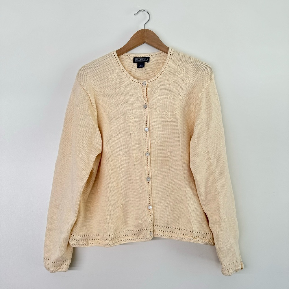 VINTAGE Lands End Cottagecore Crochet Cardigan embroidered